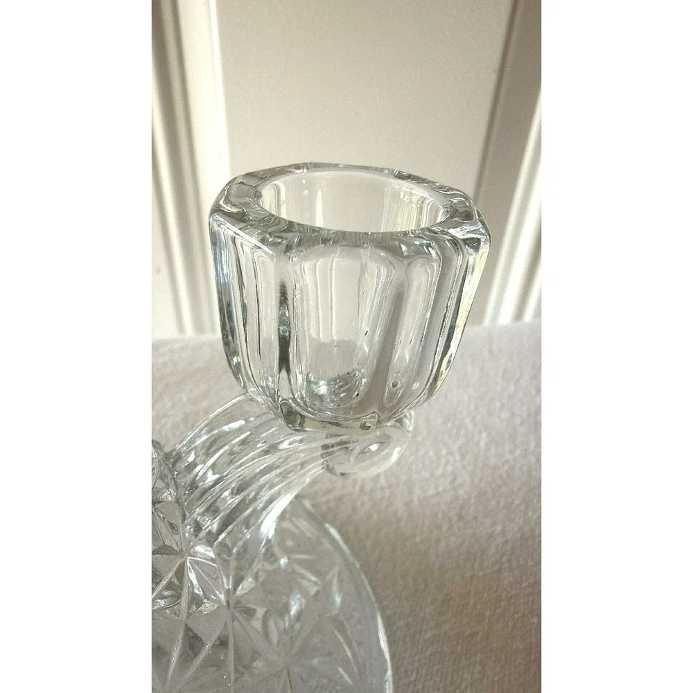 Imperial Glass Double Candlestick Holder Clear EUC Daisy Button Scrolled Arms
